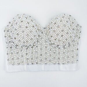 Bustier Crop Top with Pearls Beaded and Rhinestones Corset Top Bra